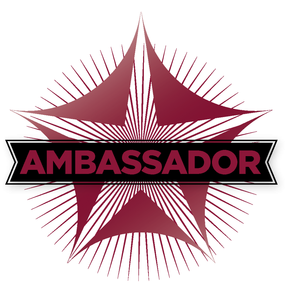 Graphic featuring the colour and design of the Ambassador SRAG Charter Mark, which is a red, five pointed, star like shape with the title AMBASSADOR in capital letters in the centre.
